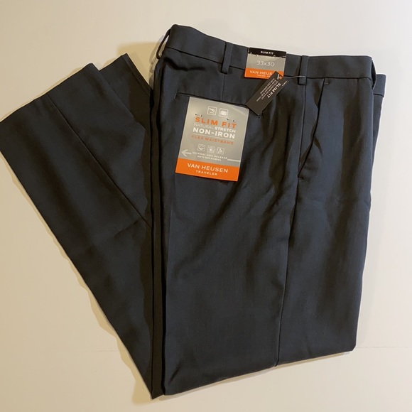 Van Heusen SZ 33 x 30 Traveler Slim Fit Flat Front Dress Pants New Charcoal D34 - Picture 2 of 15